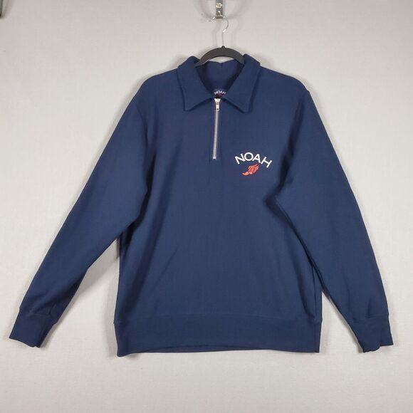 Noah Half Zip Pullover Sweatshirt Sweater Mens Sz L Navy Blue Logo Front/Back